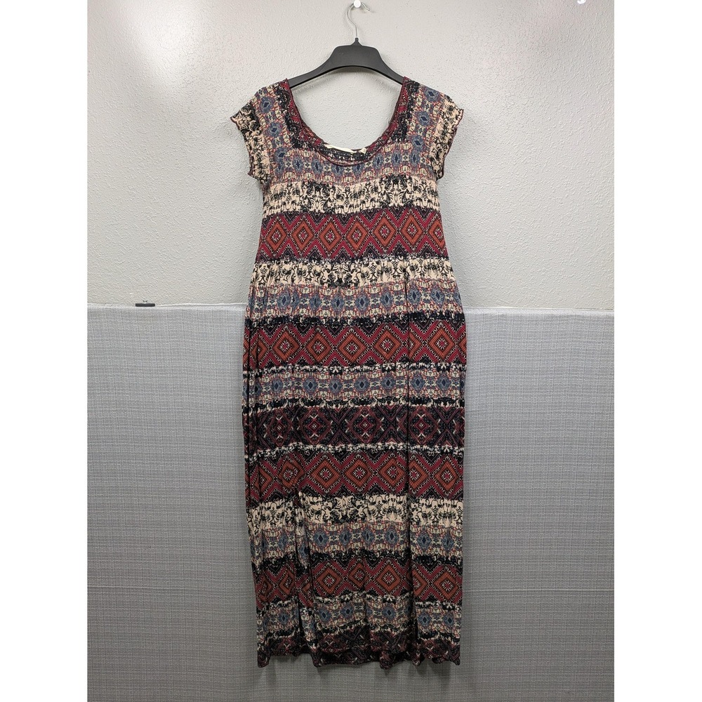 Soft Surroundings Dress Womens Medium Multicolor Geometric Smocked Maxi Boho